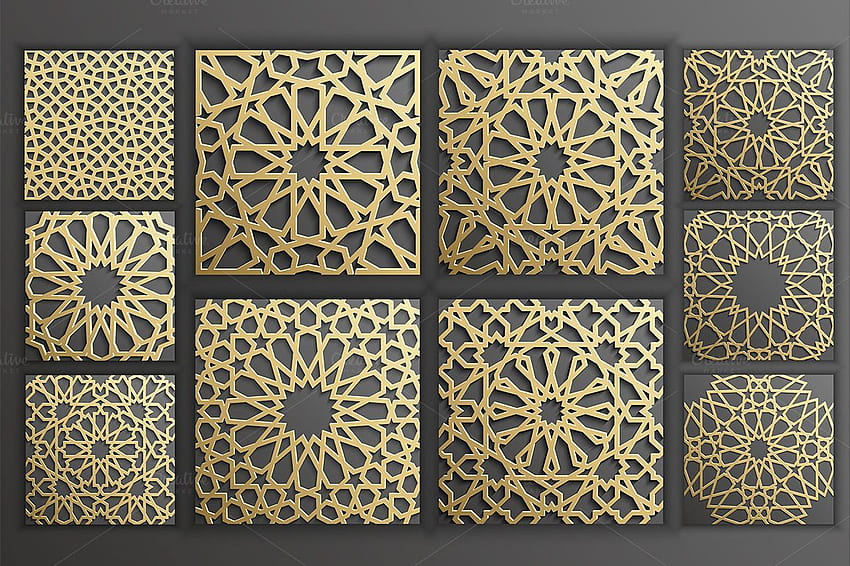 Set of 19 background with gold seamless pattern on black, Islamic Pattern HD wallpaper