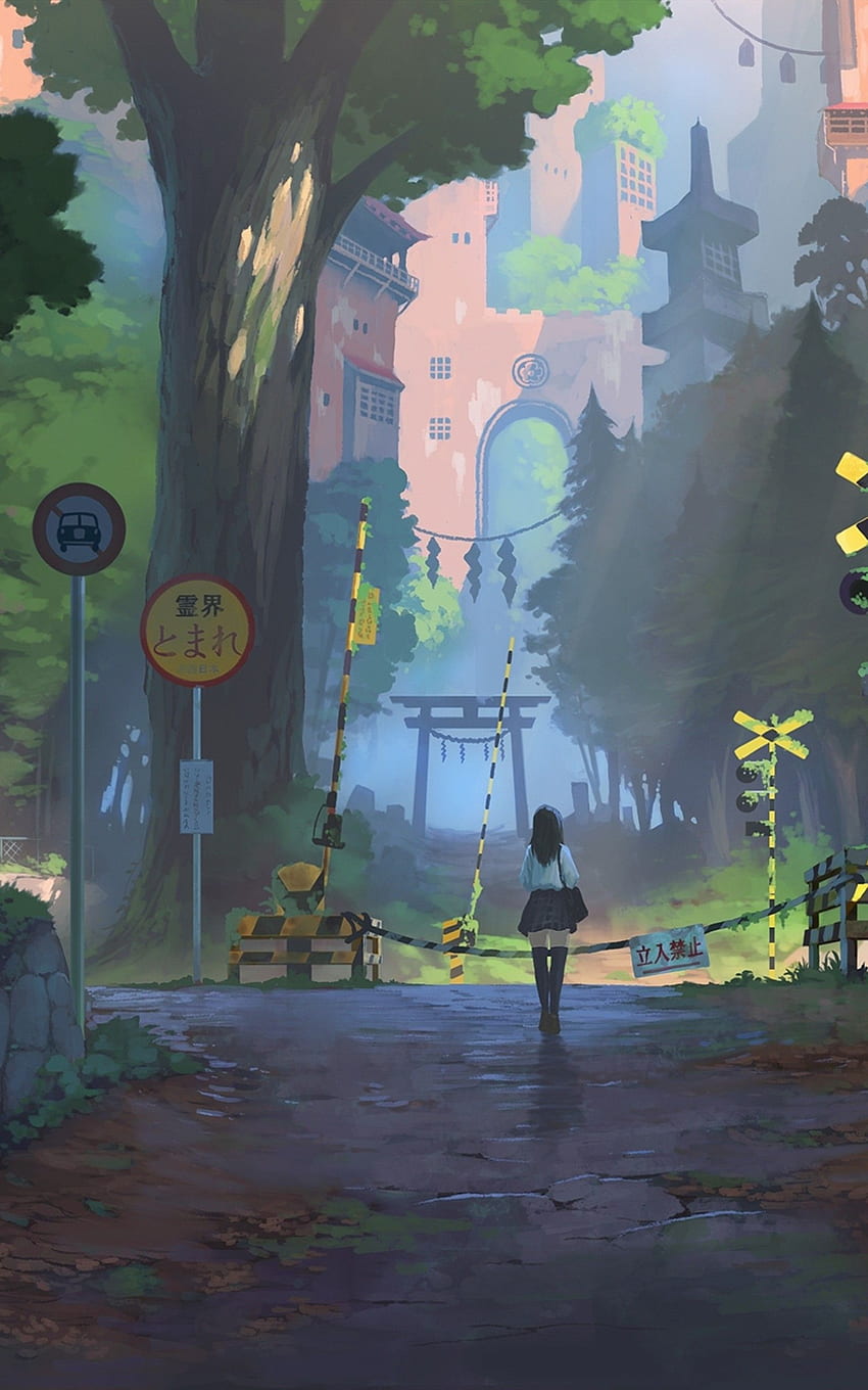 Anime Girl, Scenic, Nature, Fantasy World, Walking, Buildings para Google Nexus 10 fondo de pantalla del teléfono