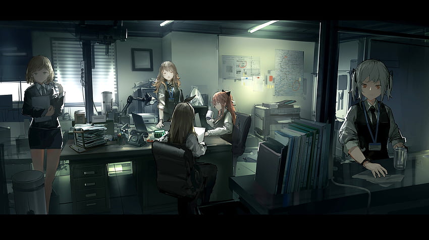 trabalhadores, garotas de anime, escritório / e fundo móvel papel de parede HD