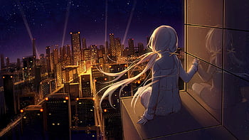 Anime Girl Silhouette Night City Stars Scenery 4K Phone iPhone Wallpaper  #864a