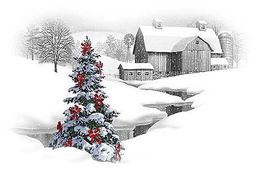 ホワイト クリスマス、冬、カラフル、白、魔法、色、農場、平和、美しい、木、季節、絵画、クリスマス、素敵 高画質の壁紙