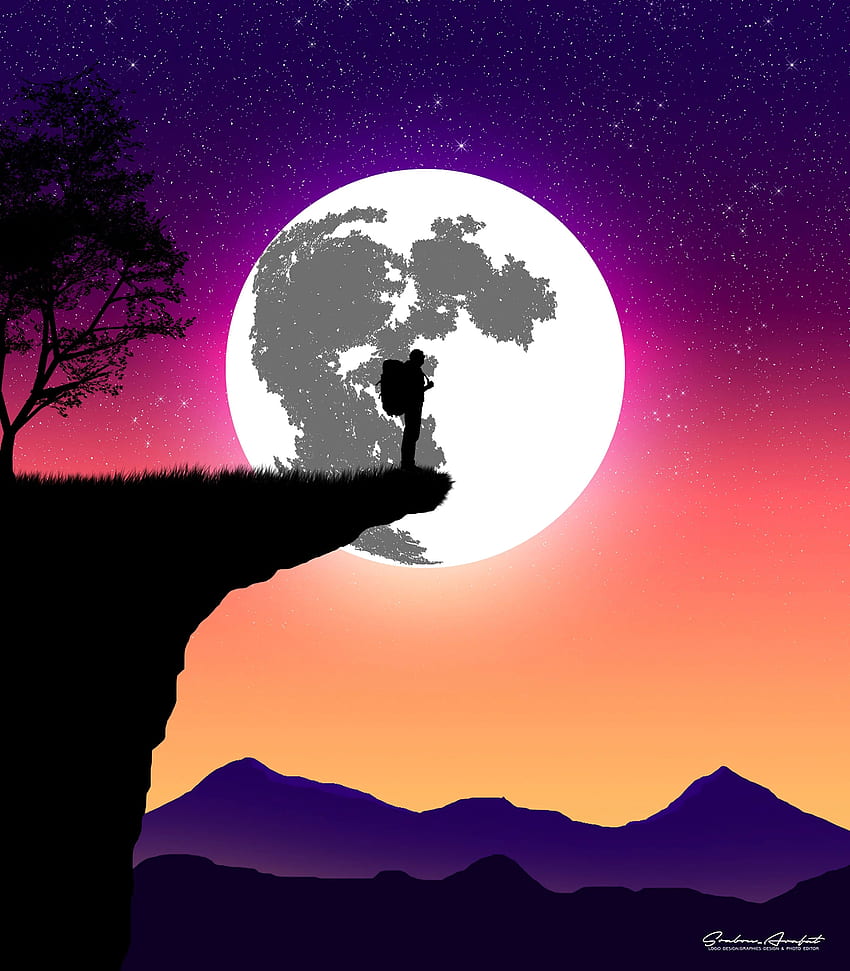 silhouette, moon, art, vector, cliff, Moon Drawing HD phone wallpaper