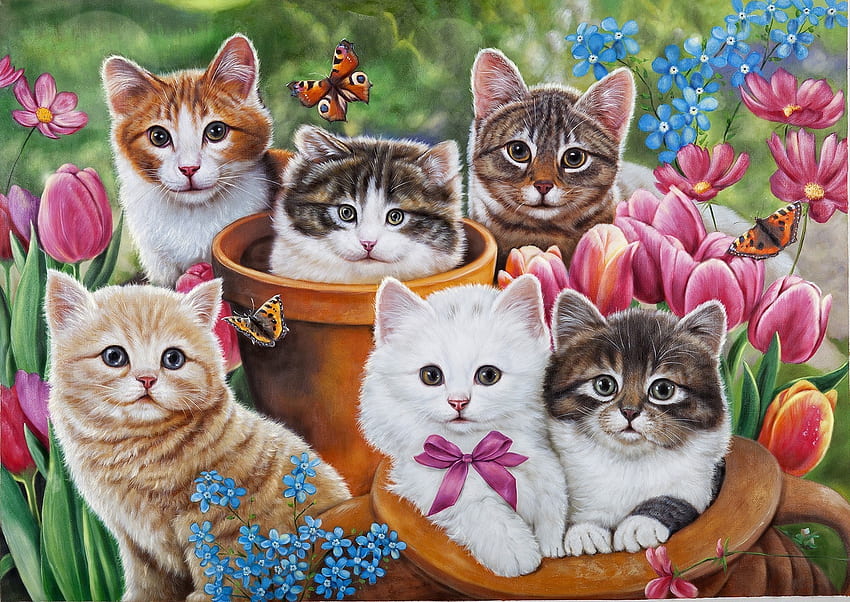 gatitos, animal, gatito, pisici, mariposa, arte, flor, gato, luminos fondo de pantalla