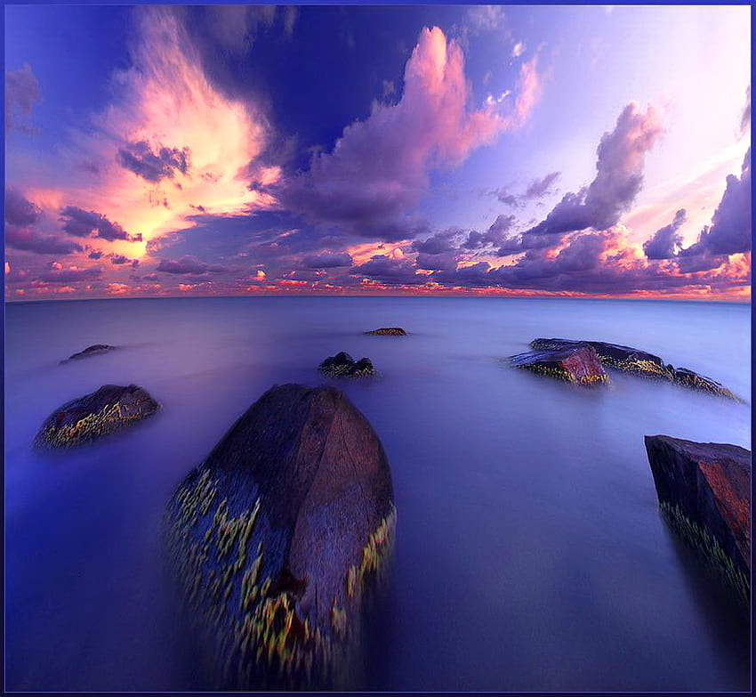 Horizons, blue, sunlight, moss, rock, pink, clouds, sky, evening, ocean HD wallpaper