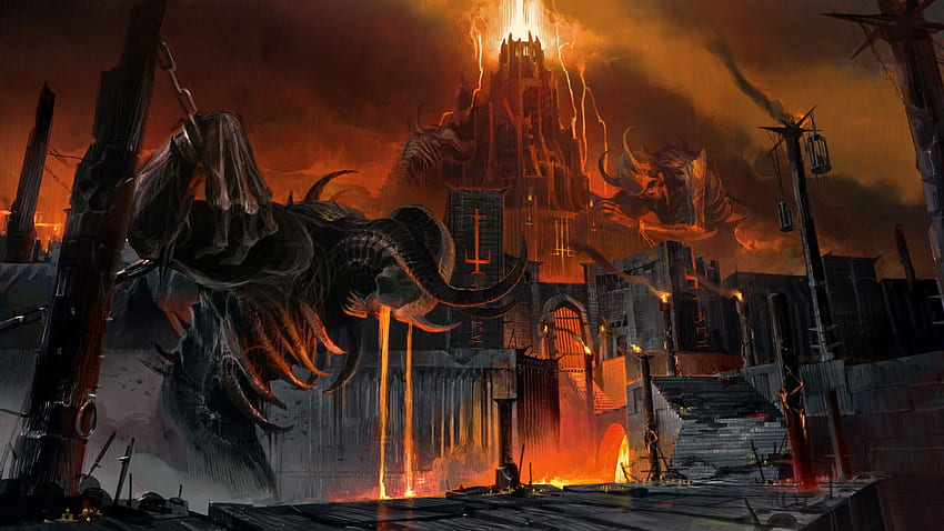 Doom Eternal Artwork 1440p Auflösung, , Hintergrund und Doom-Logo HD-Hintergrundbild