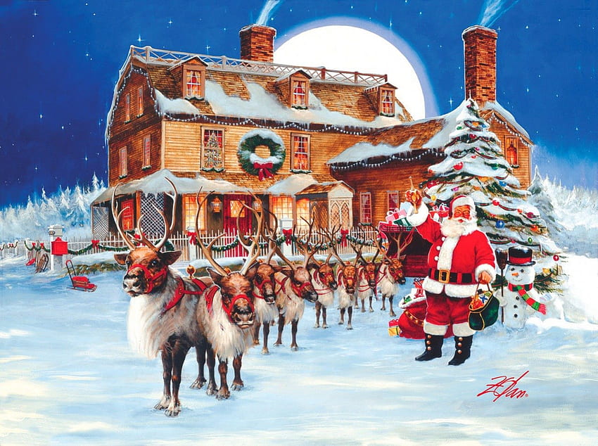 Santa's tree, froxen, winter, fun, roge, nice, holiday, moon, snow, sun, new year, frost, snowy, Stimmung, smile, cold, gifts, santa claus, beautiful, tree, mountain, cottage, decoration, christmas , licht, himmel, hirsche, hütte, freude, lieblich, wald, dorf, zuhause HD-Hintergrundbild
