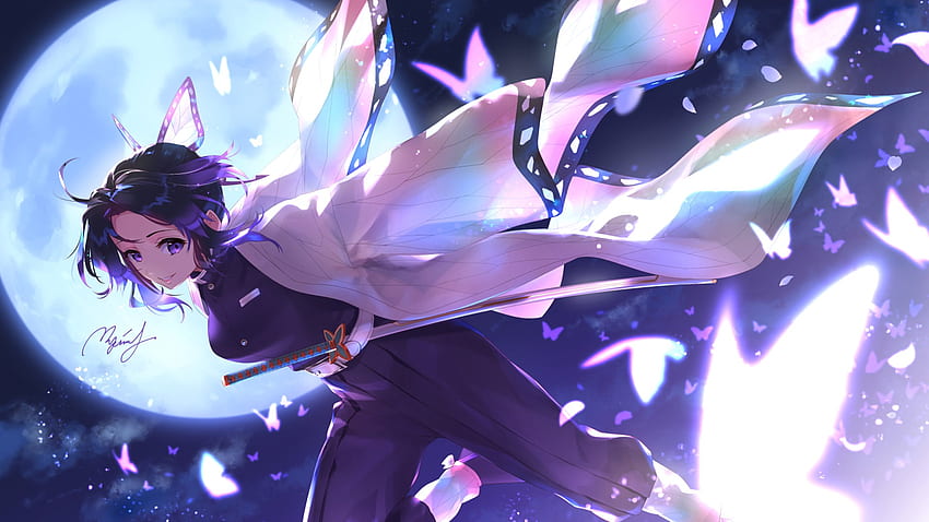 Demon Slayer Shinobu Kochou с фона на луна Тъмно небе и летящи пеперуди Аниме HD тапет