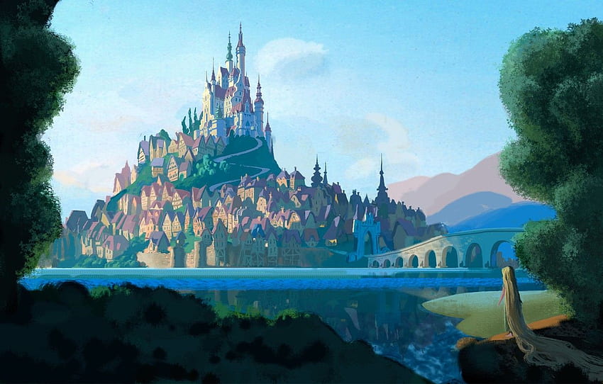 floresta, panorama, montanhas, ponte, rio, castelo, figura, desenho animado, arte, Rapunzel, Tangled, Rapunzel, Walt Disney, Rapunzel: a Tangled tale for, seção фильмы papel de parede HD