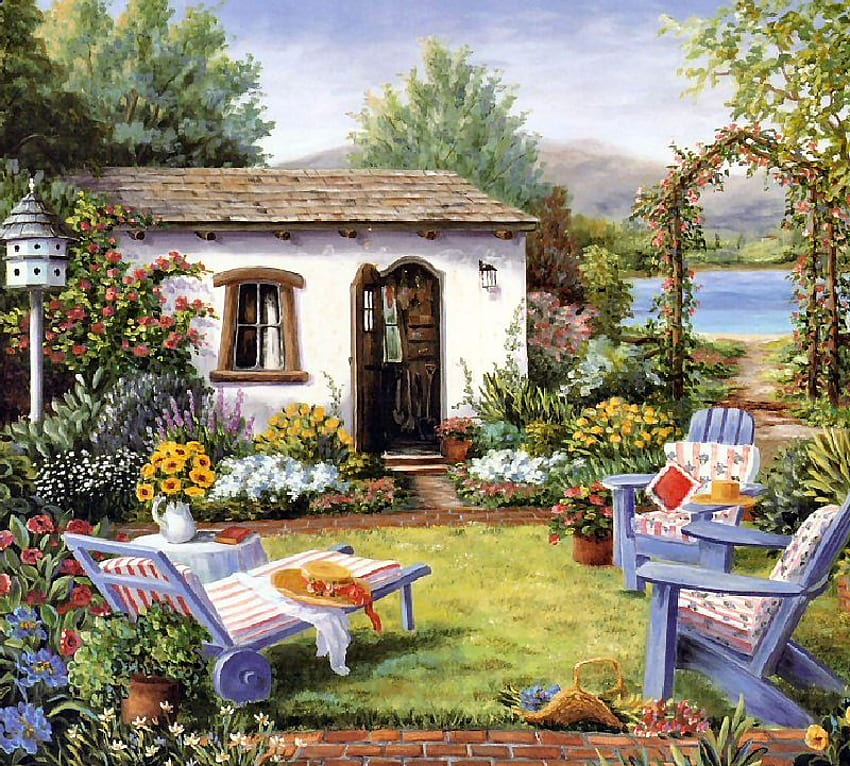 odpoczynek w ogrodzie, ogród, ptaszarnia, jezioro, krzesła, szopa, drzwi, altanka, czepek, wazon, kwiaty, poduszki Tapeta HD