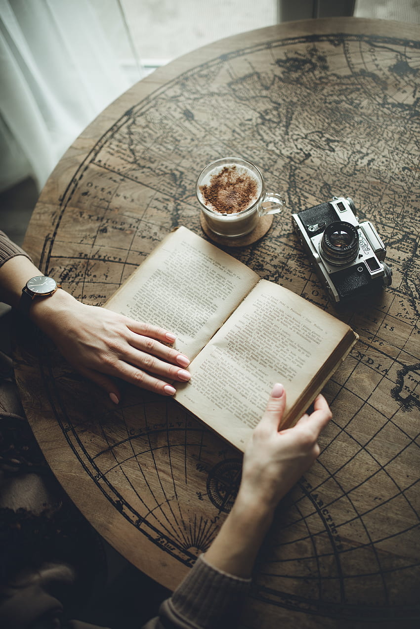Coffee, , , Cup, Hands, Book, Camera, Map HD phone wallpaper