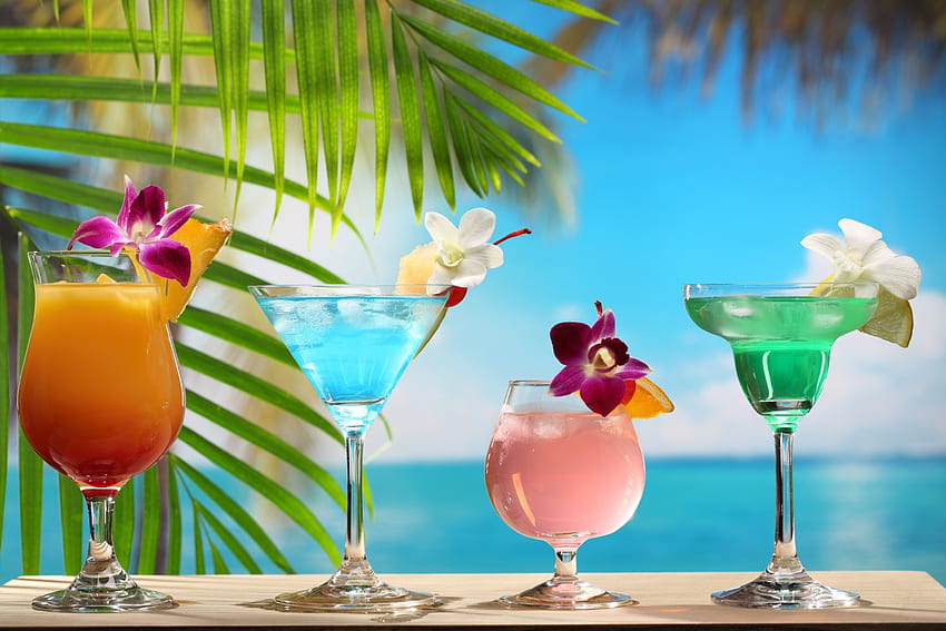 Tropical Cocktails, palms, sea, summer, tropical, drink, vacation, beach HD wallpaper