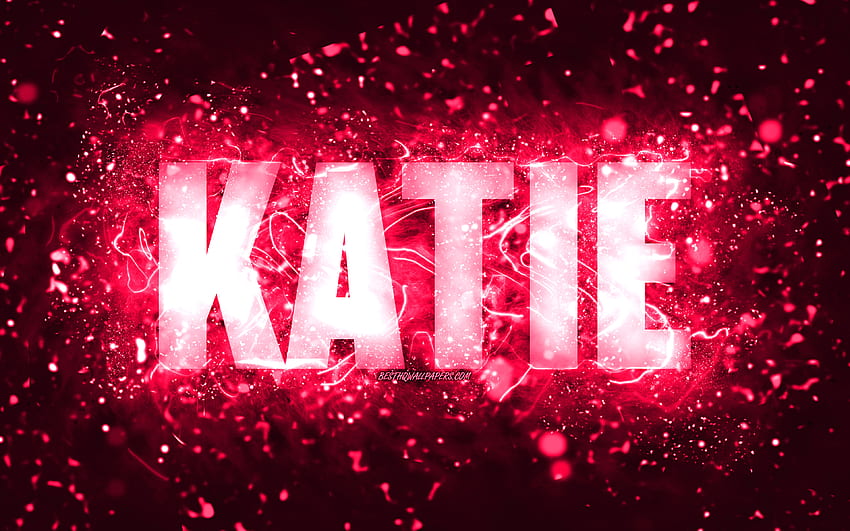Happy Birtay Katie, , rosa Neonlichter, Name Katie, kreativ, Katie Happy Birtay, Katie Birtay, beliebte amerikanische weibliche Namen, mit Katie-Namen, Katie HD-Hintergrundbild