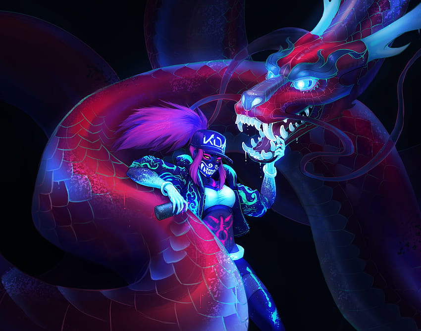 Akali, League of Legends and dragon, artwork HD wallpaper