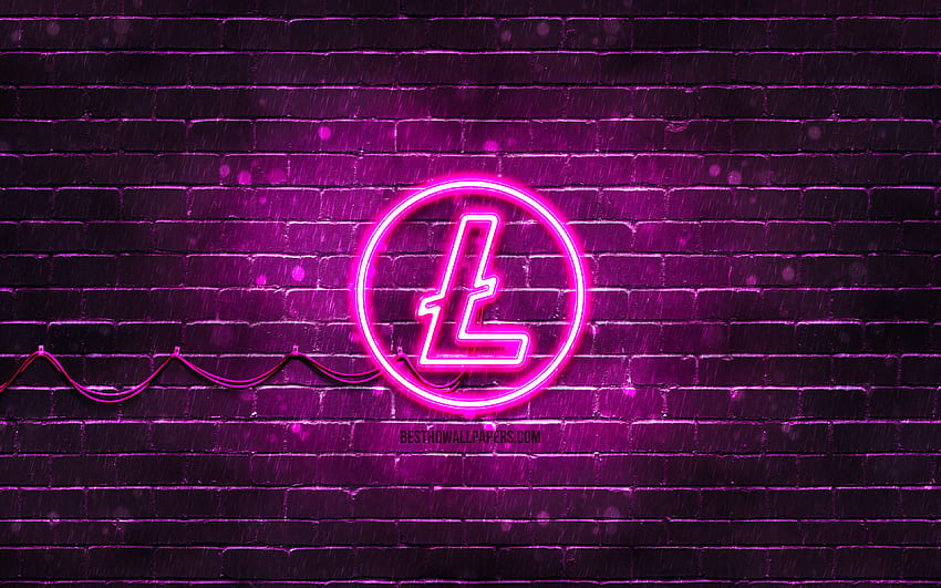 Лилаво лого на Litecoin, , лилава тухлена стена, лого на Litecoin, криптовалута, неоново лого на Litecoin, Litecoin HD тапет