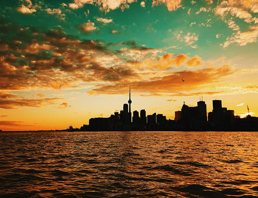 Miasta, zachód słońca, morze, budynek, Kanada, Toronto Tapeta HD