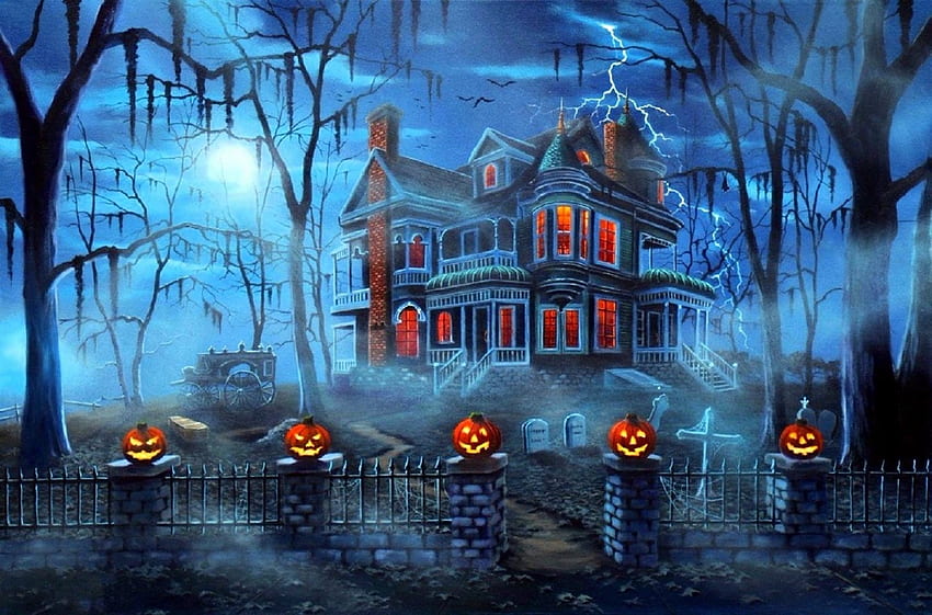 Mist Magic of Halloween, hantu, 31 Oktober, atraksi dalam mimpi, seram, lukisan, cinta empat musim, halloween, liburan, fantasi, jack-o-lantern, kuburan, rumah berhantu, bulan Wallpaper HD