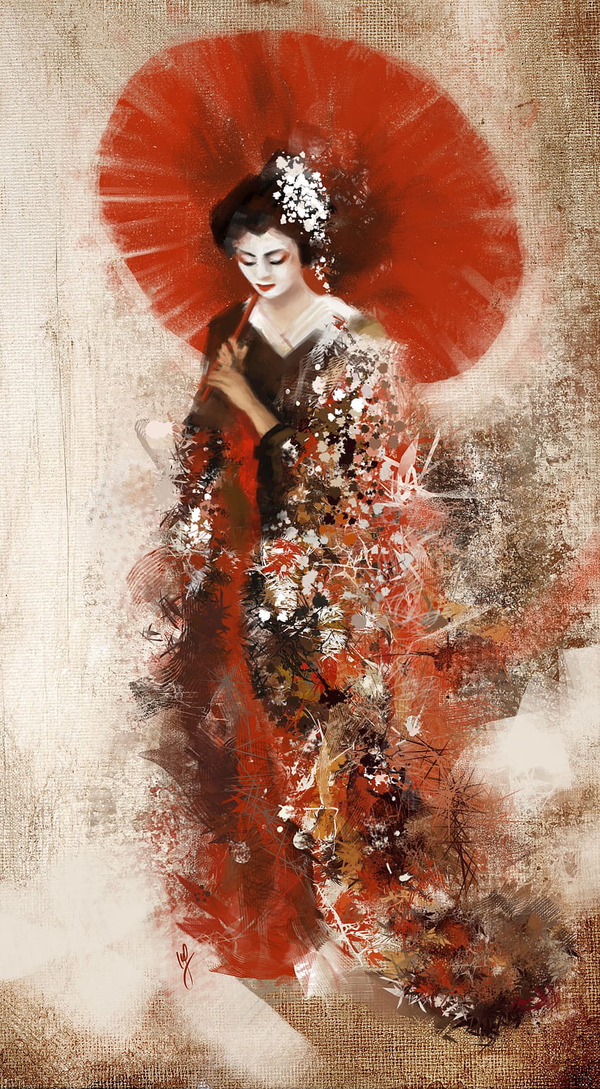 Geisha-Kunst von Walent %e2%80%93 Digitale Liebhaber, japanische Geisha-Mädchen-Kunst HD-Handy-Hintergrundbild