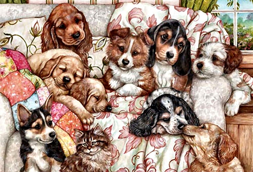 Cuccioli sul divano, animale, arte, cani, bellissimo, illustrazione, opere d'arte, schermo panoramico, pittura, animali domestici, canino Sfondo HD