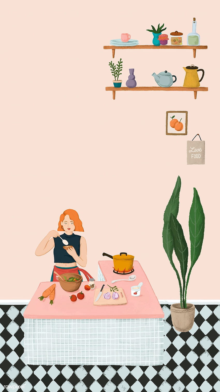 Girl cooking in a kitchen sketch style mobile phone vector. premium /. Girl cooking, Watercolor pattern background, Illustration, Cooking Cartoon HD phone wallpaper