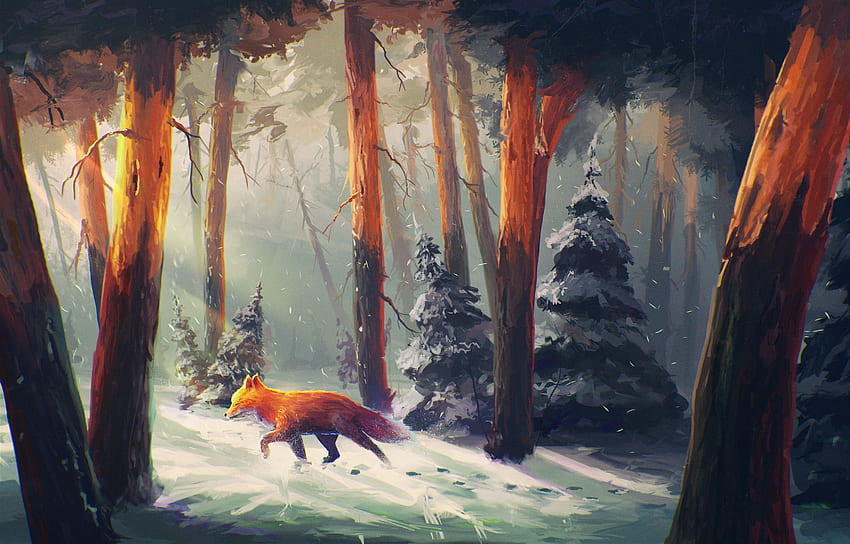 Fox;sunlight;forest;digital art;artwork;snow;animals. Canvas art prints, Fox art, Forest painting, Forest Drawing HD wallpaper