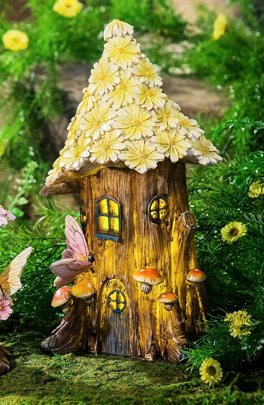 Yellow Spring Petals Lighted Fairy House. Rumah peri, Peri, Fairy Tree House HD phone wallpaper