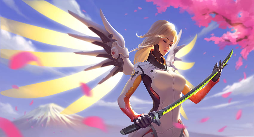 Overwatch Mercy mit Genji-Schwert HD-Hintergrundbild