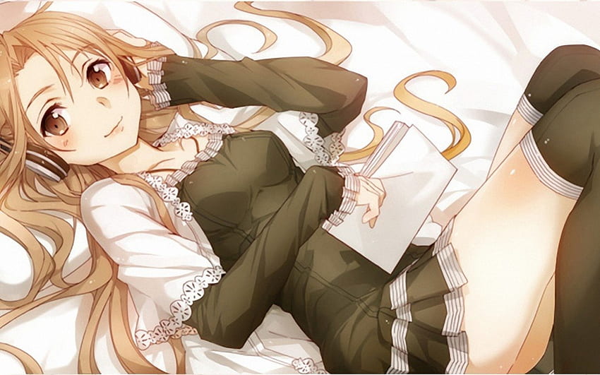 Asuna, sword art online, bed, anime, cute, girl, long hair, dress HD wallpaper