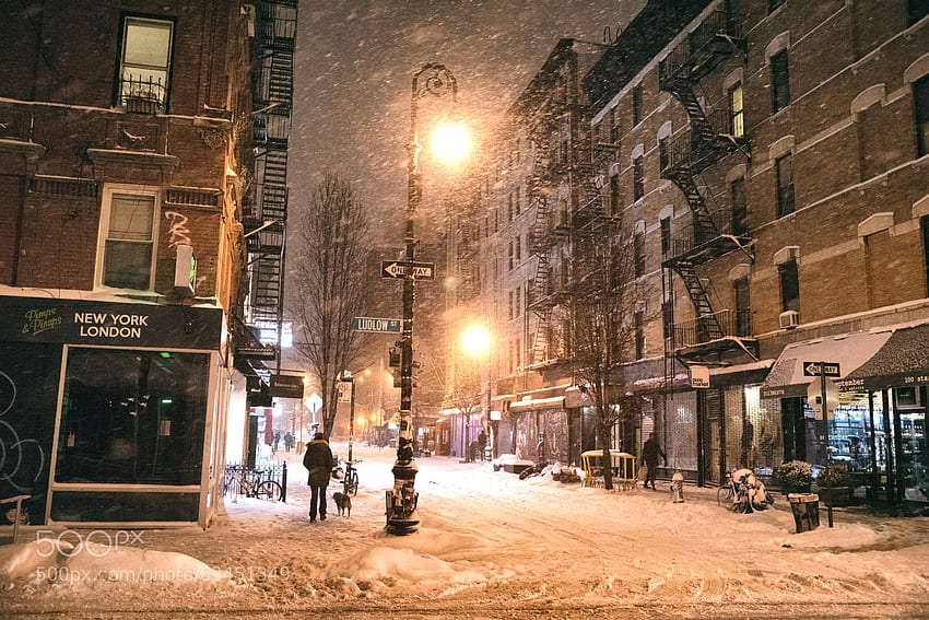 New York in Winter, winter, architecture, people, dusk, houses, painting, snow, lights, road HD wallpaper