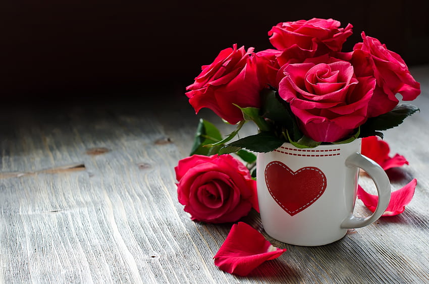 With Love, roses, love, red, flowers, cup, heart HD wallpaper