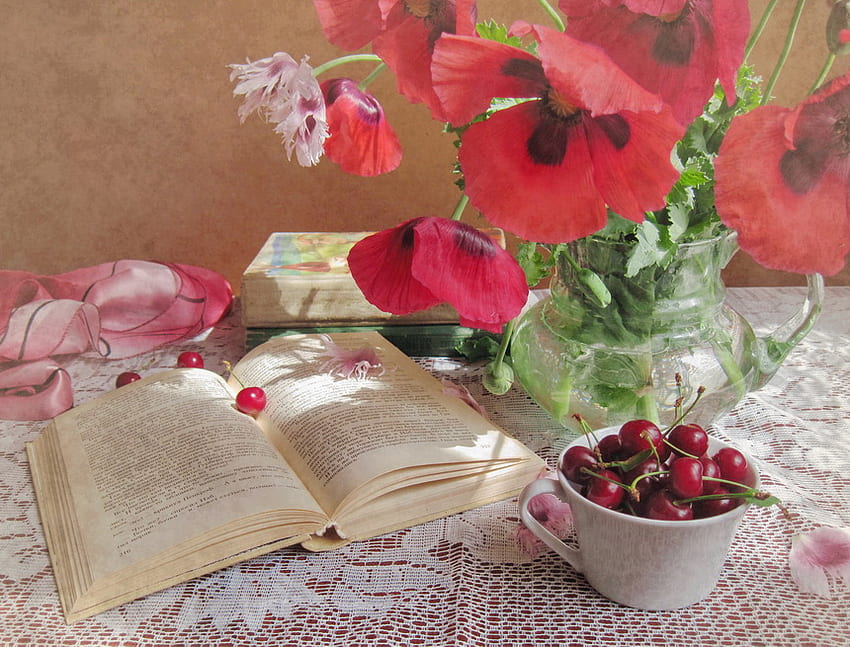 Still life, summer, quiet, pink, place, poppy, cherry, red HD wallpaper