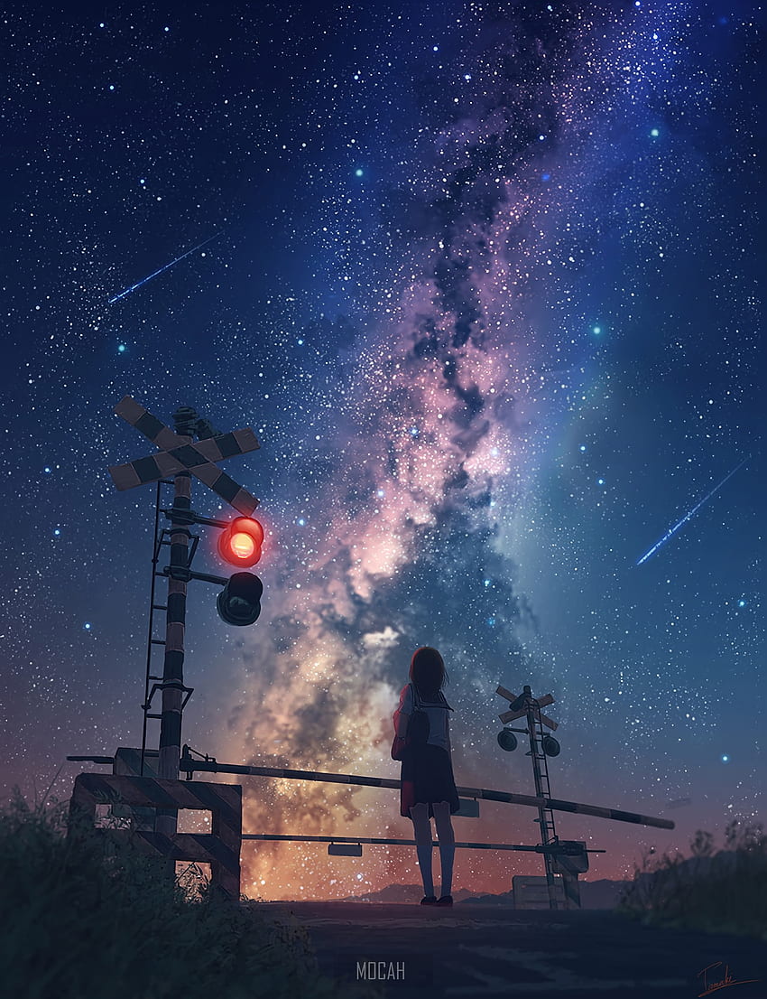 Milky Way, emotion, night sky, traffic lights, night, sky, stars, anime girl, alone, outdoors background, . Mocah HD phone wallpaper