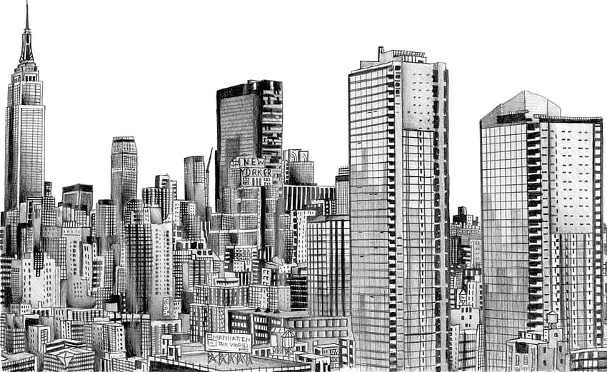 dibujo de rascacielos en blanco y negro, dibujo de edificio fondo de pantalla