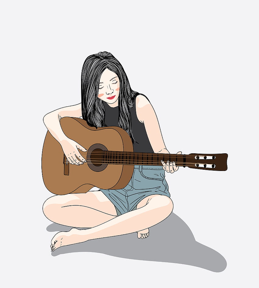 Frau, die im Urlaub Gitarre spielt. Mädchen-Cartoon-Kunst, Illustrationskunst Mädchen, Mädchen-Cartoon, süße Anime-Mädchen-Gitarre HD-Handy-Hintergrundbild
