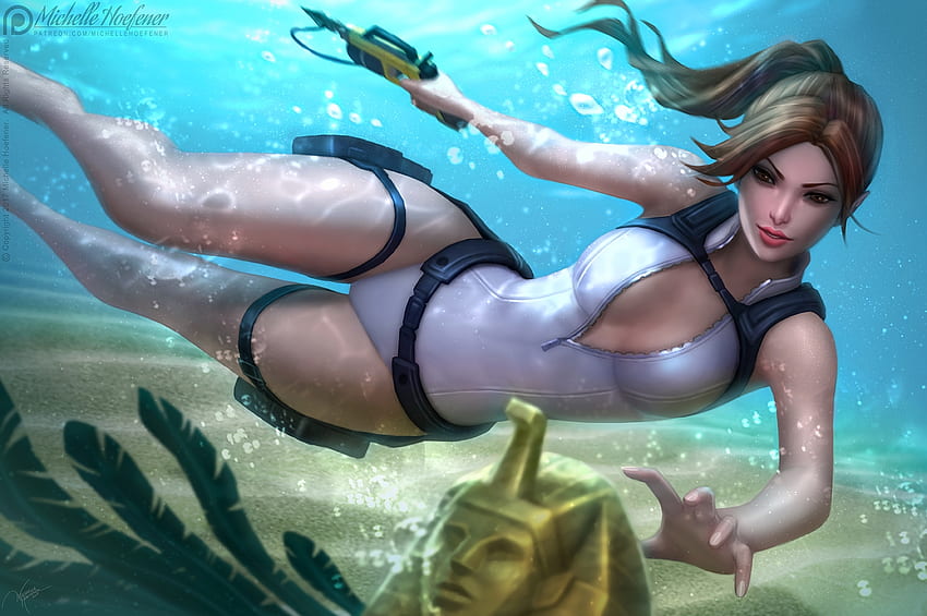 Lara Croft, blue, frumusete, girl, summer, fantasy, underwater, gun, michellehoefener HD wallpaper