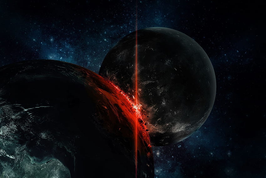 Explosion der Planetenkollision. Poster Kunstdrucke, Black Planet HD-Hintergrundbild