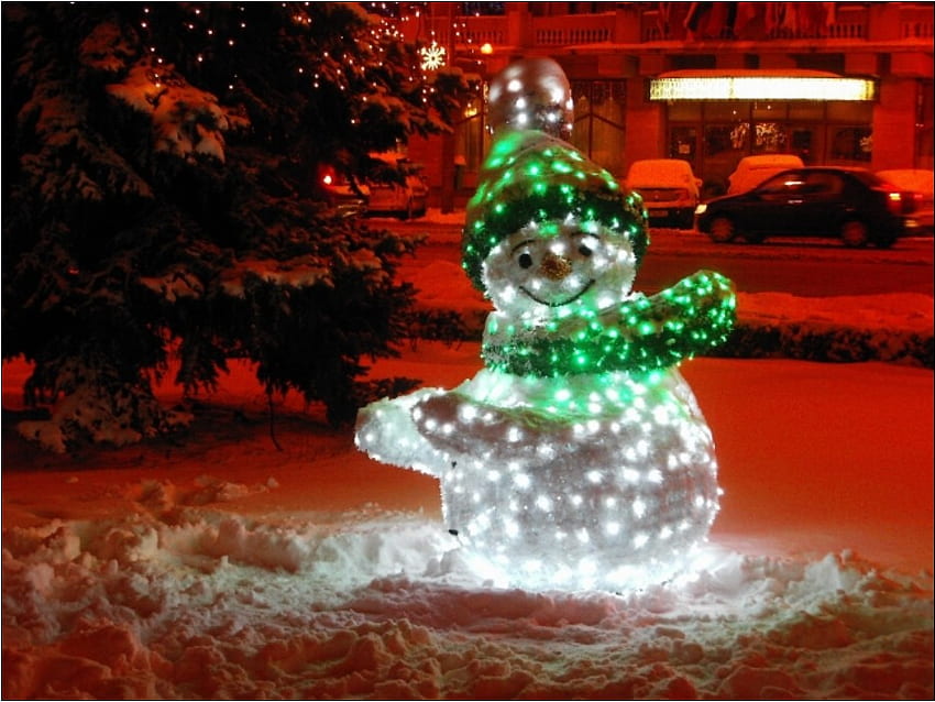 snowman in romania, snowman, romania, lights, snow, funny, beautiful, park HD wallpaper