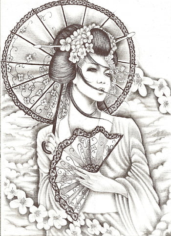 Geisha Or Japanese Women With Lovely Cat On Cloud Tattoo. Traditional  Japanese Women In Kimono With