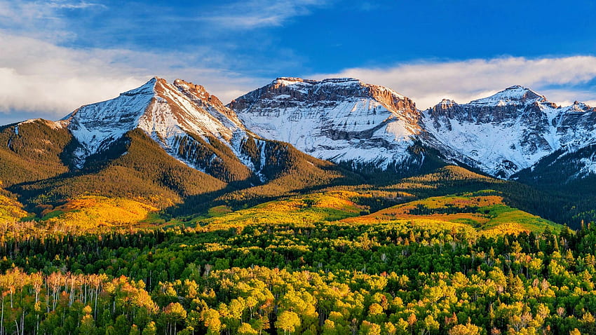 San Juan Mountains, Colorado, aspens, colors, landscape, clouds, autumn, sky, rocks, usa HD wallpaper