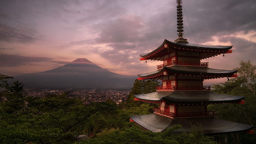 Japão, Templo, Monte Fuji, Nuvens, Crepúsculo - Monte Fuji papel de parede HD