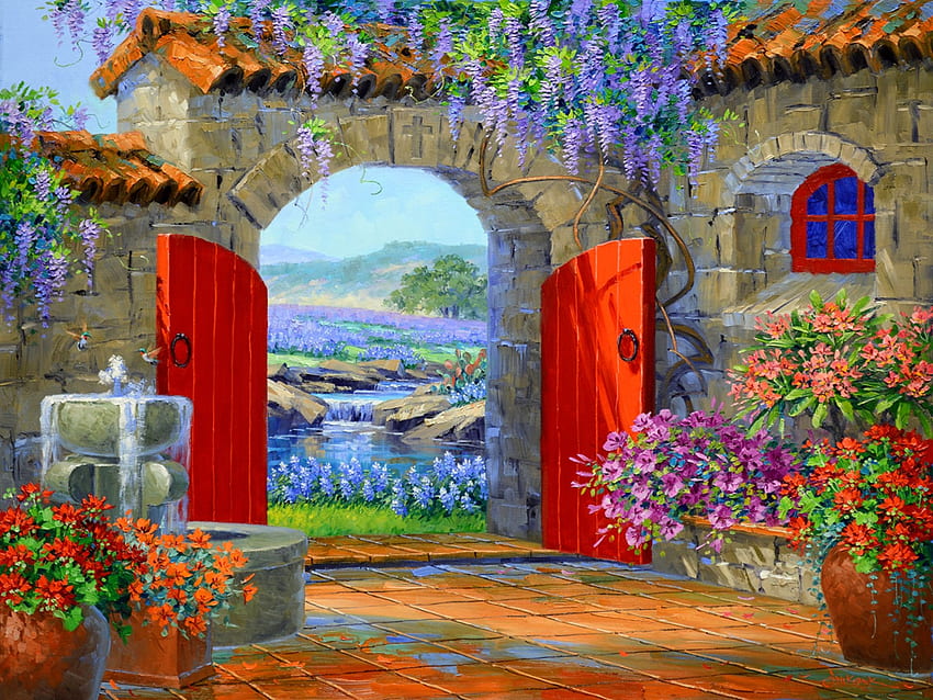 Una celebrazione colorata, finestra, porta, opere d'arte, cortile, vista, pittura, fiori Sfondo HD