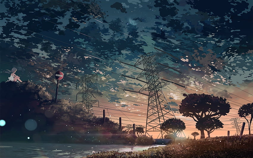 Anime Anime Natur Bäume Himmel Anime Mädchen Stromleitungen HD-Hintergrundbild