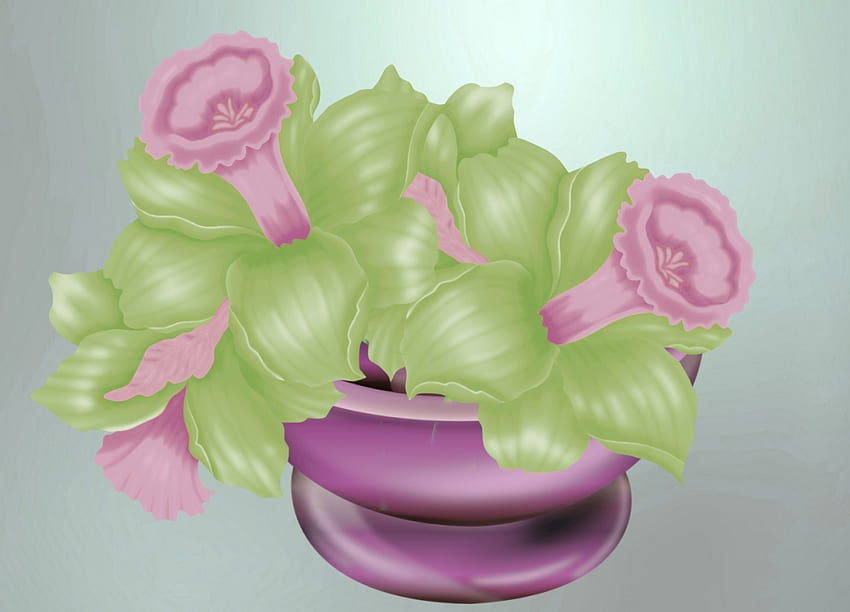 Jonquils, leaves, flowers, vase, mauve, bowl HD wallpaper
