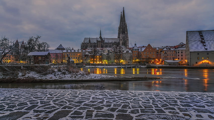 Regensburg, เยอรมนี, บ้าน, แม่น้ำ, ตอนเย็น, ฤดูหนาว, บาวาเรีย - Mocah วอลล์เปเปอร์ HD