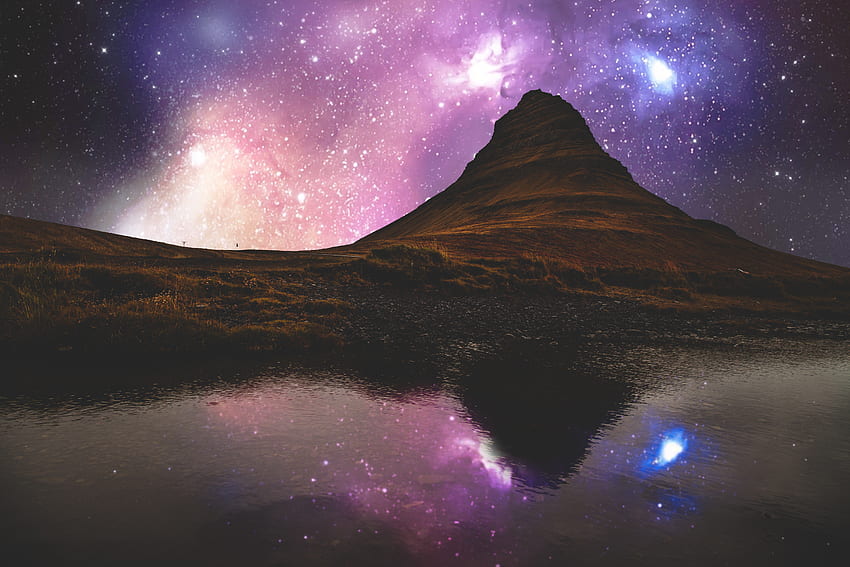 Nature, Rivers, Reflection, Starry Sky, Hill, Iceland HD wallpaper