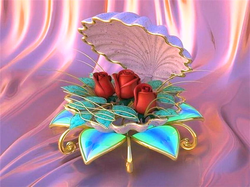 The gift of roses, shell, satin, leaves, drape, roses, ornament, three HD wallpaper