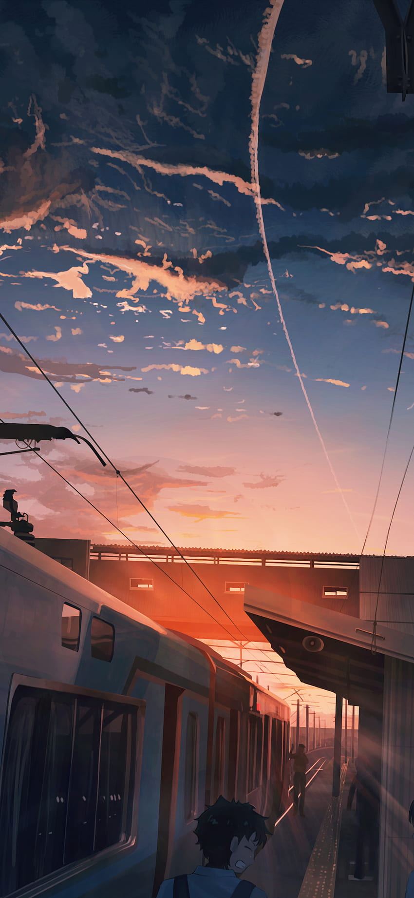 Anime Paisaje, puesta del sol, tren, nubes, escénico, 1440X3120 fondo de pantalla del teléfono