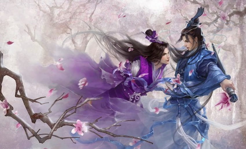 Asian Fantasy Art, kimono, azjata, sztuka, mężczyzna, postać, dziewczyna, piękny, kobieta, cyfrowy, fantazja, ładny, miłość, samuraj, para Tapeta HD
