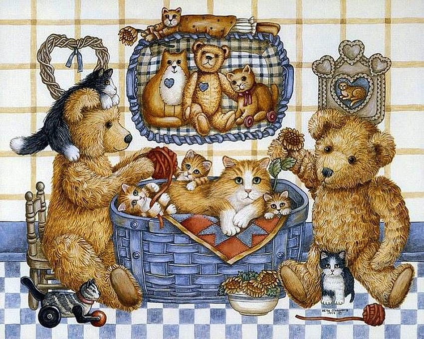 Nita Showers - Teddy Bear, nita showers, ลูกแมว, ตะกร้า, หมี, วาด, ตุ๊กตา, ศิลปะ, แมว วอลล์เปเปอร์ HD