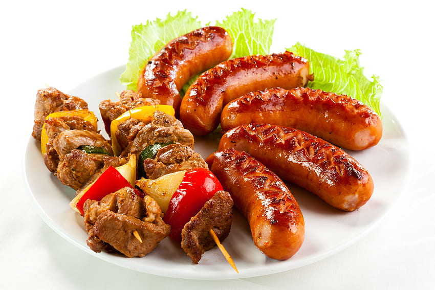 Meat products Shashlik Vienna sausage Vegetables White background HD wallpaper