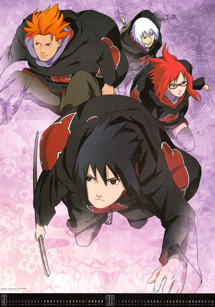 Akatsuki Sasuke, Karin, Suigetsu, Jugo Naruto Shippuden 2011 Takvimi 09 10 Aiktry HD telefon duvar kağıdı